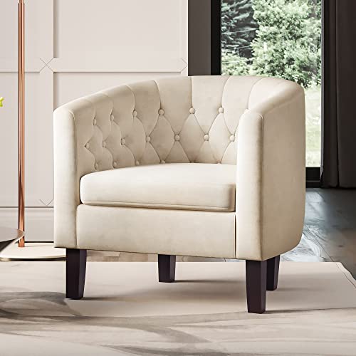 BELLEZE Accent Barrel Arm Chair, Modern Comfy Upholstered Tufted Club Chair with Sturdy Legs and Linen Fabric for Bedroom Living Room - White - color: White, size: 1 x Linen Chair
