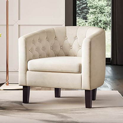 BELLEZE Accent Barrel Arm Chair, Modern Comfy Upholstered Tufted Club Chair with Sturdy Legs and Linen Fabric for Bedroom Living Room - White - color: White, size: 1 x Linen Chair