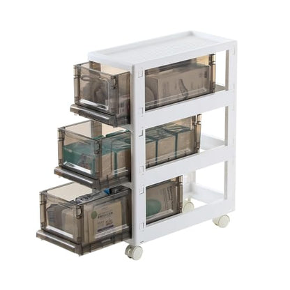 Plastic 3 Drawer Storage Organizer, Narrow Plastic Storage Drawers with Wheels, Storage Cart with Drawers for Small and Narrow Space, 7.87-inch Wide (gray)