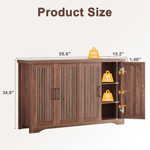 Fluted Sideboard Buffet Cabinet with Storage 55.59",Walnut | Sideboard Cabinet Modern Credenza with Doors & Adjustable Shelves Modular Coffee Bar Media Console for Dining Room Entryway - color: Walnut, size: 1 Piece