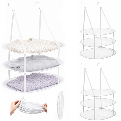 SAMJANE Hanging Sweater Drying Rack – Lay-Flat Warp-Knit Airflow Mesh for Delicates, 3 pcs 3-Tier Foldable Space-Saving Door-Hanging Design for Fast Drying & No Deformation in Small Spaces (White)