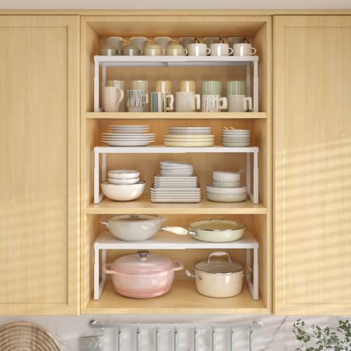Shelf Organizer Riser For Cabinet Pantry Kitchen Countertop Cupbaord Closet | Expandable Width, Adjustable Height, Stackable As 2-Tier Shelf Rack, Snap-Button: Easily Adjust Height, Heavy Duty Metal - color: White-1 Pack