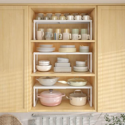 Shelf Organizer Riser For Cabinet Pantry Kitchen Countertop Cupbaord Closet | Expandable Width, Adjustable Height, Stackable As 2-Tier Shelf Rack, Snap-Button: Easily Adjust Height, Heavy Duty Metal - color: White-1 Pack