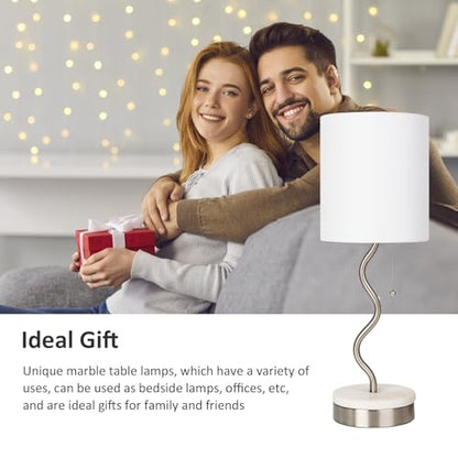 Marble Base Table Lamp - Modern Bedside Lamp with USB Port & Pull Chain, Lamp for Bedroom, Living Room, or Office - Elegant Marble and Metal Design - color: Silver+Marble