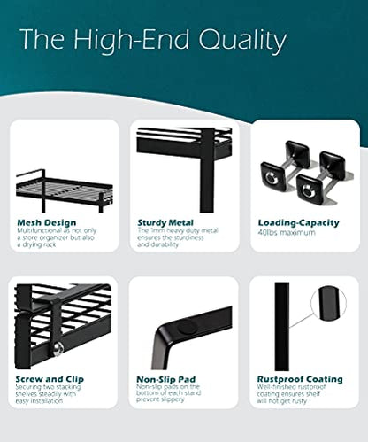 Shantton 2pk Kitchen Cabinet Shelf Counter Organizer Rack Pantry Storage Bathroom Bedroom Office Table Desk Space Saving Steel Frame Stackable Rust Resistant Non Slip Black-Tall-L13in W8.3in H9.5in | 2-Pack Stackable Metal Riser Holds 40LBS with Non-Slip