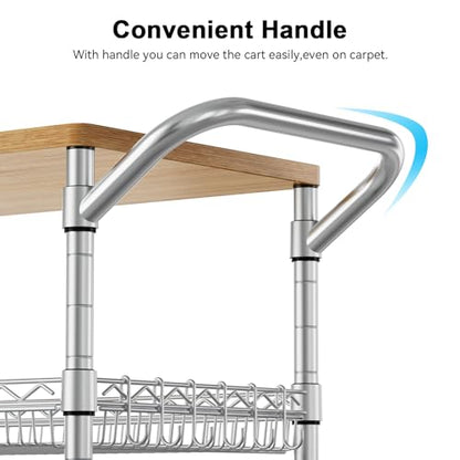 3 Tier Rolling Kitchen Carts with Wheels, Heavy Duty Rolling Utility Cart with Wood Tabletop, Commercial Grade Metal Cart with Handle and Hooks, NSF Storage Serving Island Carts, Light Wood+Metal - color: Light Wood+metal-3 Tier