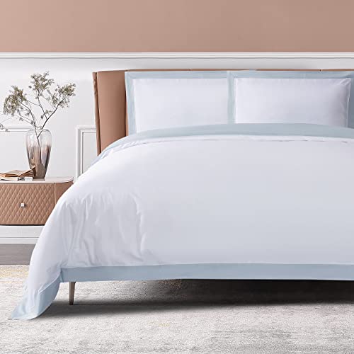 THE COTTON & SILK® Long-Staple Cotton Duvet Cover Set - King Size | White + Misty Blue | 1 Duvet Cover & 2 Pillow Shams | Soft, Breathable, Comfortable, Luxury | Sateen Weave | Genuine 300 TC - color: White + Misty Blue, size: King Set (105“ x 93", 20"x36