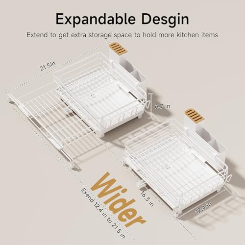 Runnatal Large Dish Drying Rack, Extendable Dish Rack Over Sink | Stainless Steel Dish Strainer with Drainboard, Utensil Holder & Cup Holder for Kitchen Counter, White - color: White