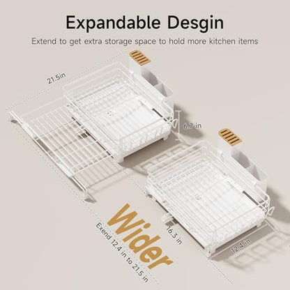 Runnatal Large Dish Drying Rack, Extendable Dish Rack Over Sink | Stainless Steel Dish Strainer with Drainboard, Utensil Holder & Cup Holder for Kitchen Counter, White - color: White