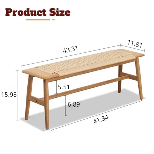 100% Solid Oak Farmhouse Entryway Bench, Wooden Bench Indoor with Hand Woven Rope Surface Design, Wood Bench for End of Bed with Solid Structure(Natural, 43.31" Wx11.81 Dx15.98 H) - color: Beige, size: 43.31"