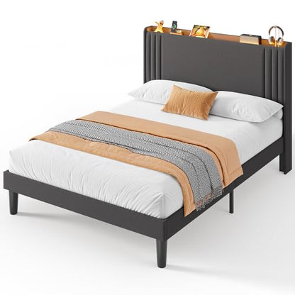 Gizoon Queen Bed Frame with Charging Station and LED Lights | Upholstered Wingback Platform Bed with Padded Headboard,Wooden Slats,Noise-Free,No Box Spring Needed, Easy Assembly,Dark Grey - color: Dark Grey+led, size: Queen