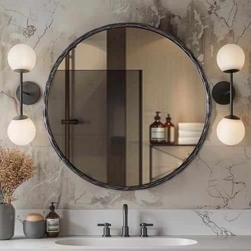 Hand-Forged Black Round Mirror for Wall, 30 Inch Solid Steel Metal Frame Circle Mirror, Antique Rounded Hammered Bathroom Mirror for Living Room, Bedroom, Entryway, Vanity - color: Black, size: 30"L x 30"W