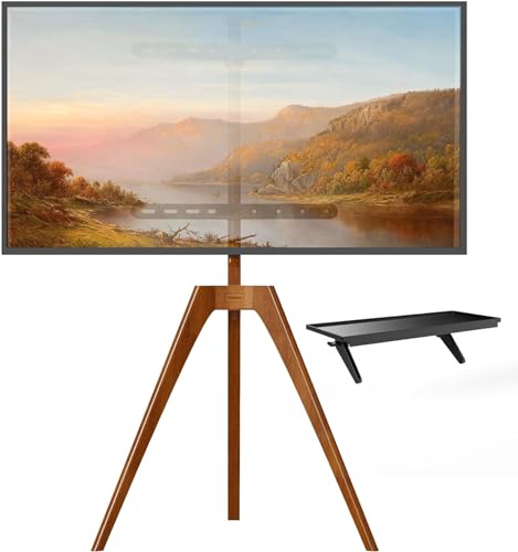 PUTORSEN Solid Wood Easel TV Stand for 45-65'' TVs, Hidden Cable, Walnut | Stability, Easy to Assemble, Top Shelf, Swivel, Tripod TV Stand, Max VESA 400x400, Max holds 88lbs, Living room, Corner