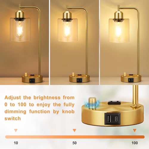 Innqoo Gold Table Lamp for Bedroom - Industrial Bedside Lamp with USB Port and Outlet, Fully Dimmable Nightstand Lamp with Clear Glass Shade, Small Desk Lamps for Home Office - color: Gold Base&Clear Shade