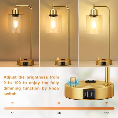 Innqoo Gold Table Lamp for Bedroom - Industrial Bedside Lamp with USB Port and Outlet, Fully Dimmable Nightstand Lamp with Clear Glass Shade, Small Desk Lamps for Home Office - color: Gold Base&Clear Shade