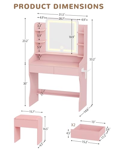 wanan Vanity Desk with Mirror and Lights, Makeup Vanity with 3 Color Adjustable Brightness, 2 Large Drawers and Open Storage Shelves, Dressing Table with Chair and Power Strip for Girls Bedroom, Pink - color: Pink