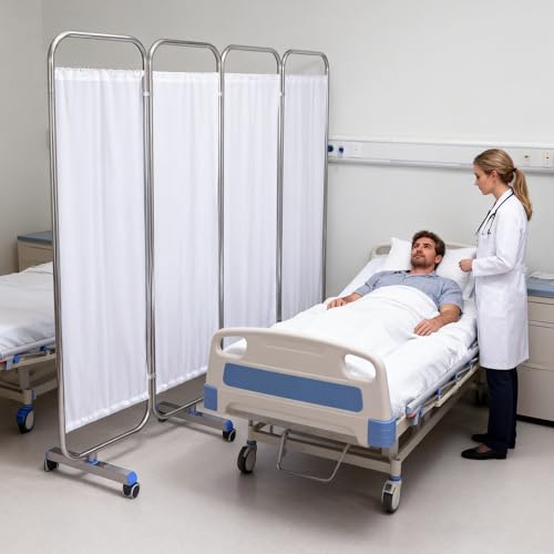 Movable Medical Privacy Screen with Wheels 71x79 inch Portable 4-Panel Medical Room Divider Stainless Steel Contruction Folding Medical Privacy Screens for Hospital Nursing Privacy Screen
