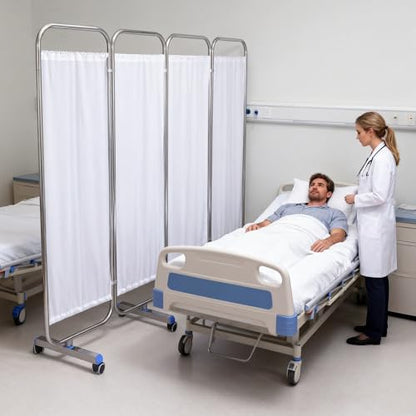 Movable Medical Privacy Screen with Wheels 71x79 inch Portable 4-Panel Medical Room Divider Stainless Steel Contruction Folding Medical Privacy Screens for Hospital Nursing Privacy Screen