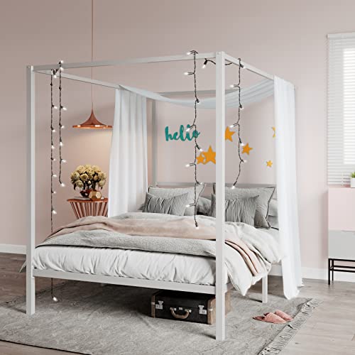 SHA CERLIN Queen Size Canopy Bed Frame with Heavy Duty Metal Slats, White | Modern Minimalist Design Four-Poster, Under-Bed Storage Space, Mattress Foundation, No Box Spring Needed, Easy Assembly - color: White, size: Queen