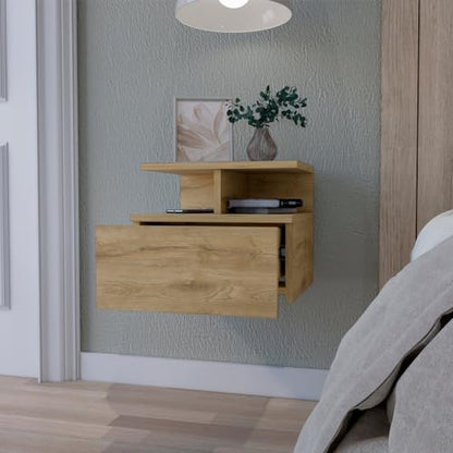 FM FURNITURE Augusta Floating Nightstand with 2-Tier Shelf and 1-Drawer, Macadamia - color: Macadamia
