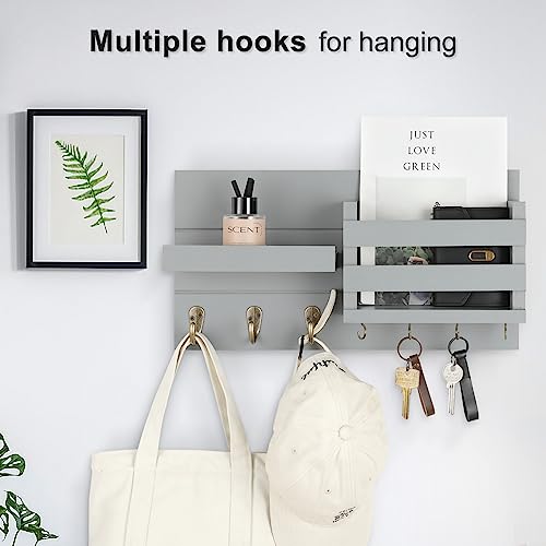Lwenki Mail Organizer for Wall Mount – Key Holder with Shelf Includes Letter Holder and Hooks for Coats, Dog Leashes – Rustic Wood with Flush Mounting Hardware (16.5” x 8.7” x 3.5”) (Gray) - color: Gray