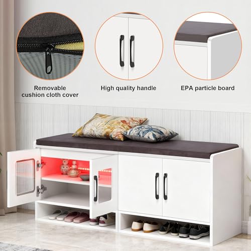 Shoe Bench with Thickened Cushion,Entrance Bench with Glass Door and Ambient Light,Three-Layer Shoe Rack,Color Changing Light Strip, Two Large Storage Spaces,Living Room,Bedroom,White