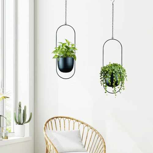 Modern Metal Hanging Planters with 6 Inch Pots and Sturdy Rods - Set of 2 Oval Geometric Plant Hangers - Black Wall and Ceiling Mount Flower Holders for Indoor and Houseplants - size: OVAL-6 INCH POT