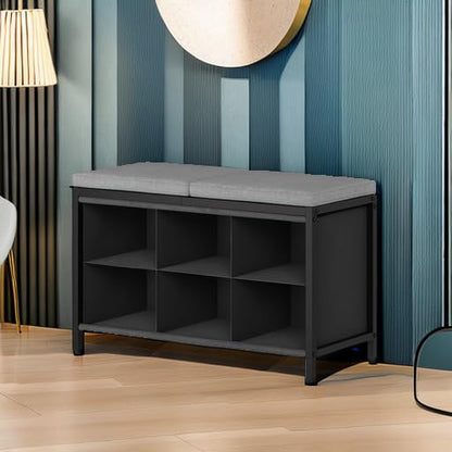 Shoe Storage Bench with Cushion, Entryway Bench, Shoe Rack with Padded Seat and 6 Oxford Compartments, for Closet, Bedroom, Entryway, Black and Gray HX01BK