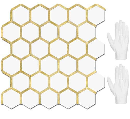 STICKGOO Hexagon Peel and Stick Backsplash Tile, Stick on Backsplash for Kitchen and Bathroom, Pure White PVC Mixed Metal Gold Self Adhesive Wall Tiles(10 Sheets, Seamless) - color: Pure White with Metal Gold