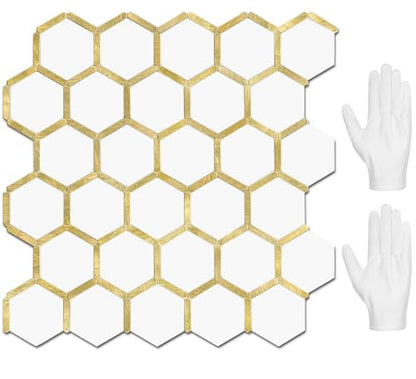 STICKGOO Hexagon Peel and Stick Backsplash Tile, Stick on Backsplash for Kitchen and Bathroom, Pure White PVC Mixed Metal Gold Self Adhesive Wall Tiles(10 Sheets, Seamless) - color: Pure White with Metal Gold
