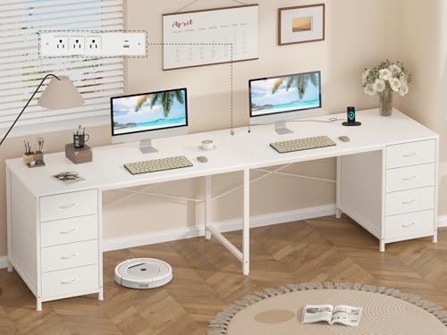 95" 2 Person Desk with 8 Fabric Drawers for Home Office, Living Room | Long Computer Desk Office Desks with Storage, Two Person Double Desks with Power Outlets, White - color: White, size: 18.9"D x 94.5"W x 29.3"H