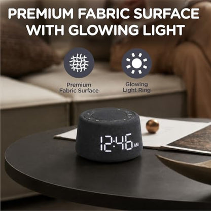 White Noise Alarm Clock for Bedroom, Night Light, Bluetooth Audio | 18 soothing sounds, Bluetooth speaker, ambient light ring, adjustable alarm volume, USB charger, dimmable digital clock - color: Black