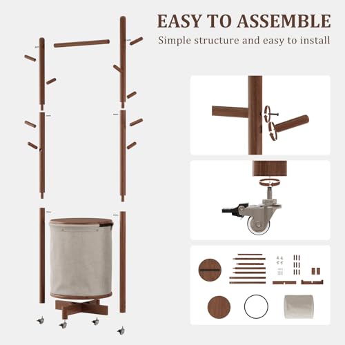 CycleCrew Solid Wood Coat Rack with Fabric Basket - Freestanding Coat Rack Rolling Coat Tree with 9 Hooks Wheels, Small Clothes Rack For Entryway Bedroom Hallway Living Room - color: Walnut Brown