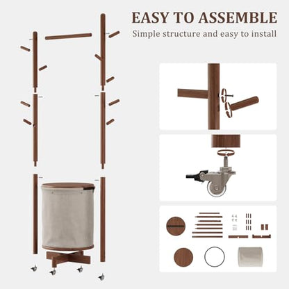 CycleCrew Solid Wood Coat Rack with Fabric Basket - Freestanding Coat Rack Rolling Coat Tree with 9 Hooks Wheels, Small Clothes Rack For Entryway Bedroom Hallway Living Room - color: Walnut Brown