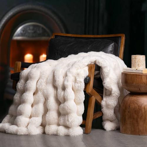 Faux Rabbit Fur Bubble Throw Blanket, 90"x90", Ivory White | Ultra Soft, Luxury Faux Rabbit Fur Throw, Thick Warm Bubble Blanket, Cozy Fluffy Reversible, for Bed, Couch, Chair, Sofa - color: Ivory White, size: 90"x90"
