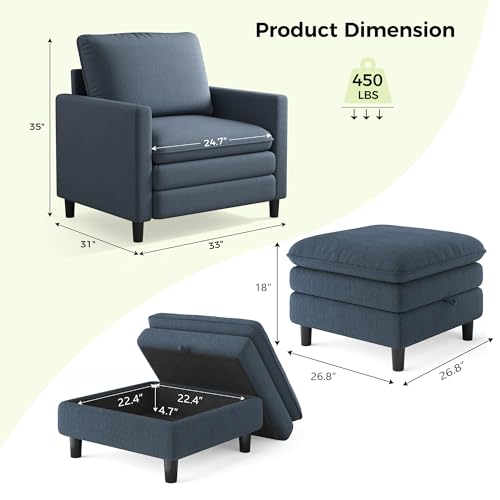 Welzona 3-Layers Cloud Accent Chair with Ottoman, 33" Teddy Reading Chair | Comfy Teddy Fabric, Washable Covers, Tool-Free Setup, All-wood Arm Chair and Ottoman Sets for Living Room, Bedroom, Blue Grey - color: Blue Grey, size: cloud chair & ottoman