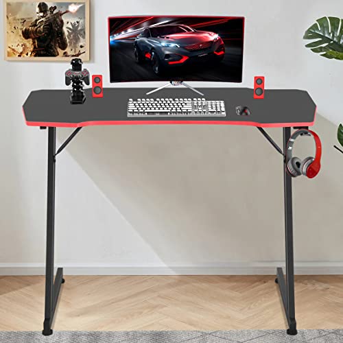 BLKMTY 47 Inch Gaming Desk Z-Shaped Computer Desk with Headphone Hook, Modern Gamer Desk Table for Home Office Dorm Sturdy Writing Workstation, Carbon Fiber Black, Red - color: Red, size: 47.28" Z-shaped