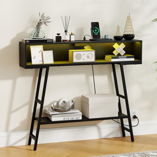GIANTEX Modern Console Table with Charging Station & LED Lights | 40" Entryway Table with Storage Shelves, 3-Tier Display Shelf for Small Space, Sofa Table for Living Room, Black - color: Black