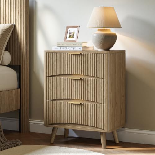 Evermagin 29" Tall Fluted Nightstand Set of 2 with 3 Drawers | Oak Night Stand,Wooden Bedside Table, Mid Century Modern Side Table for Bedroom, livingroom - color: Oak, size: 13.78"D x 23.62"W x 29.35"H (3 Drawers)