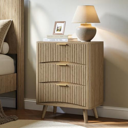 Evermagin 29" Tall Fluted Nightstand Set of 2 with 3 Drawers | Oak Night Stand,Wooden Bedside Table, Mid Century Modern Side Table for Bedroom, livingroom - color: Oak, size: 13.78"D x 23.62"W x 29.35"H (3 Drawers)
