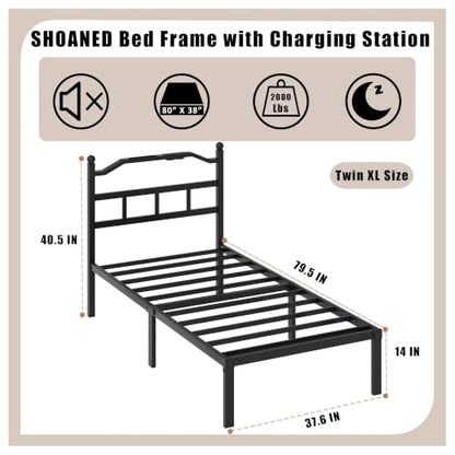 SHOANED Metal Bed Frame with Headboard - 14 Inch Twin XL Size Heavy Duty Bedframe with Charging Station Black Basic Steel Slats Platform No Box Spring Needed/Noise Free - size: Twin XL, style: 14 Inch with Charging Station