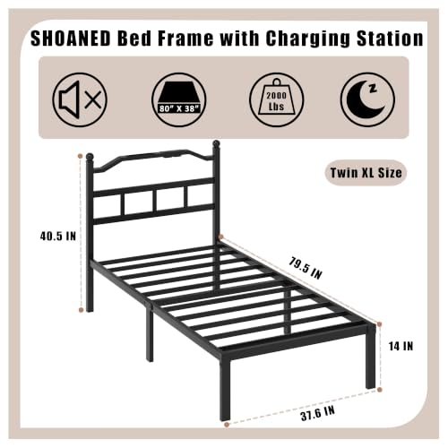 SHOANED Metal Bed Frame with Headboard - 14 Inch Twin XL Size Heavy Duty Bedframe with Charging Station Black Basic Steel Slats Platform No Box Spring Needed/Noise Free - size: Twin XL, style: 14 Inch with Charging Station