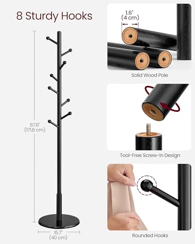 VASAGLE Solid Wood Coat Rack, Free Standing Hall Coat Tree with 8 Hooks, 3 Height Options, for Coats, Hats, Bags, Purses, for Entryway, Hallway, Rubberwood Hooks and Pole, Ink Black URCR007P33 - color: Ink Black, style: Round Base + Spherical Hooks