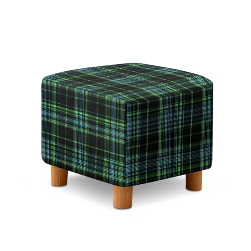 Green Scottish Tartan Print Ottoman Cover Square, Folding Storage Ottoman Slipcovers Jacquard Stretch Cube Footrest Foot Stool Covers Protector with Elastic Band - color: Green Scottish Tartan