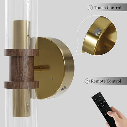 Rayogale Gold & Walnut Wireless Battery Operated Wall Sconces with Remote | Glass Rechargeable Wall Lights Set of 2 with Timer Function Dimmable for Living Room Bedroom Emergency 3000K, 20.5 Inch - color: Gold & Walnut(Clear Tubular Lampshade)