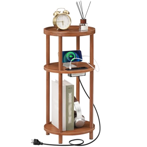 HOOBRO Small Round Side Table with Charging Station, 3-Tier Round Bamboo End Table, Compact Sofa Bedside Table for Small Space, Easy Assembly, for Living Room, Bedroom, Apartment, Walnut WL152UBZ01 - color: Walnut