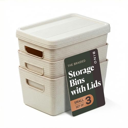 BINO | Plastic Storage Bins with Lids, 5 Liter - 3 Pack, Natural | THE BRAIDED COLLECTION | Plastic Bins for Organization Woven Storage Baskets for Organizing Pantry Shelf Organizer Basket Bin - color: Natural, size: 5L | 3-Pack