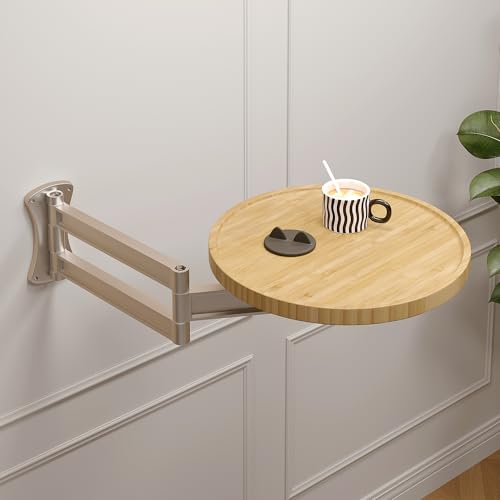 Wall Mounted Folding Table,Retractable Small Bamboo Drop Down Floating Wall Desk,11.8" Round Wood Tabletop with Aluminum Alloy Brackets,Bedside Wall Shelf Drop Top Desk,Fold Down Nightstand