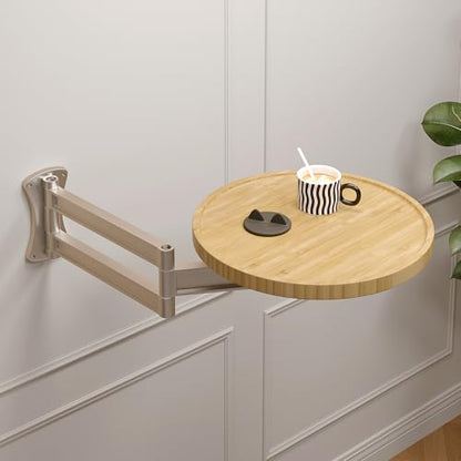 Wall Mounted Folding Table,Retractable Small Bamboo Drop Down Floating Wall Desk,11.8" Round Wood Tabletop with Aluminum Alloy Brackets,Bedside Wall Shelf Drop Top Desk,Fold Down Nightstand
