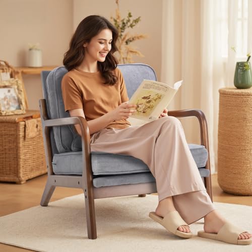 DUMOS Mid Century Modern Accent Chair, 16'' Seat Height Cozy Lounge Chair | Upholstered Armchair with Waist Cushion and Wood Frame for Living Room, Bedroom, Reading Nook, Balcony, Light Grey - color: Light Grey, size: 1 Pack
